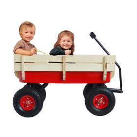 Outdoor Sport Wagon Tool Cart Wooden Side Panels Pneumatic Tire Wagon - Red