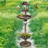 Outdoor Solar Lighted Pedestal Bird Bath Resin Fountain Decoration with Planter and Feeder, Decorative Vintage Bird Feeder for Garden Yard, Bronze