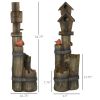 Outsunny Outdoor Fountain with Birdhouse, Cascading Garden Waterfall Bird Bath with 3-Tier Rustic Tree Trunk & LED Lights for Porch, Deck, Yard, Brown