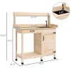 Natural Wood Outdoor Potting Bench with Storage Cabinet,Sink and Faucet ,Hooks